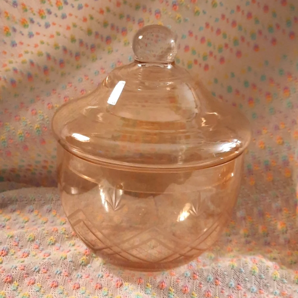 Gorgeous light peach etched glass candy dish 7 inches